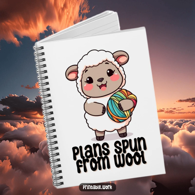 Funny Kawaii Sheep Yarn Notebook with a joyful sheep and yarn, perfect for planning projects and a funny gift.
