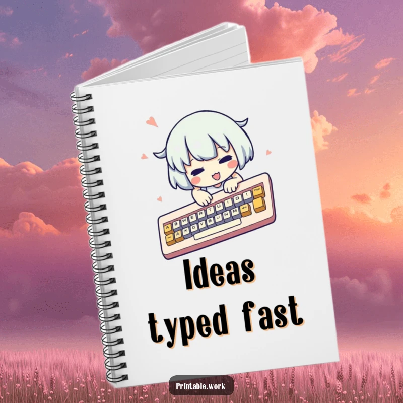 Funny kawaii character notebook, frantically typing on a comically oversized keyboard, cute, humorous stationery, gift.