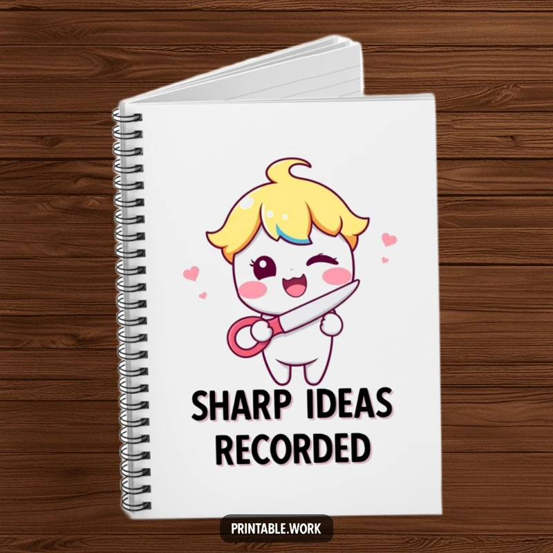 Funny Kawaii character winking while holding scissors on a notebook cover, ideal for jotting down precise and witty thoughts.