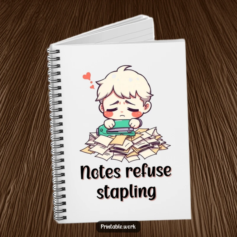 Funny office character notebook, confused trying to staple a pile of loose papers, humorous stationery, gift.