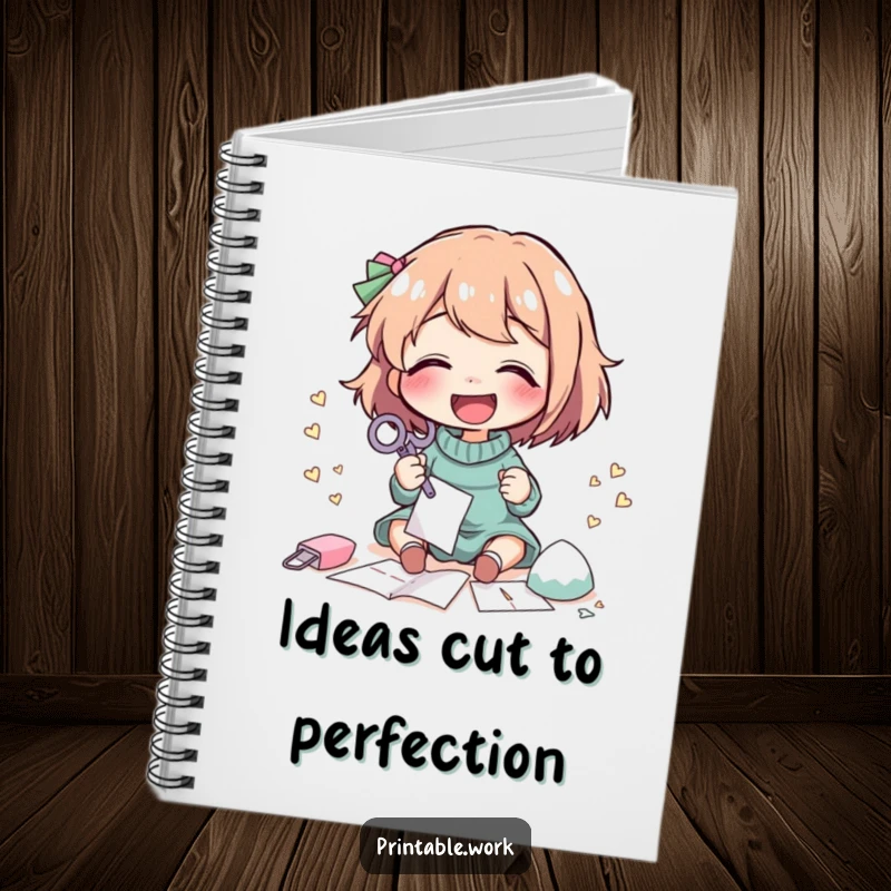 Funny Notebook: A character giggles while cutting intricate paper shapes with scissors, great for creative journaling.