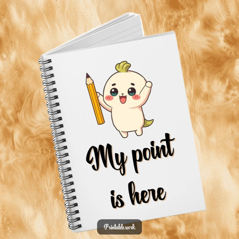 Funny notebook cover with a triumphant character holding a perfectly sharpened pencil, inspiring sharp ideas and focused writing.