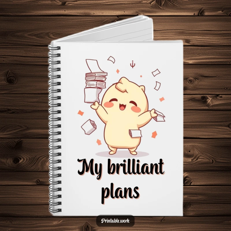 Funny notebook featuring a happy Kawaii character juggling paper, designed for organized and humorous note-taking.