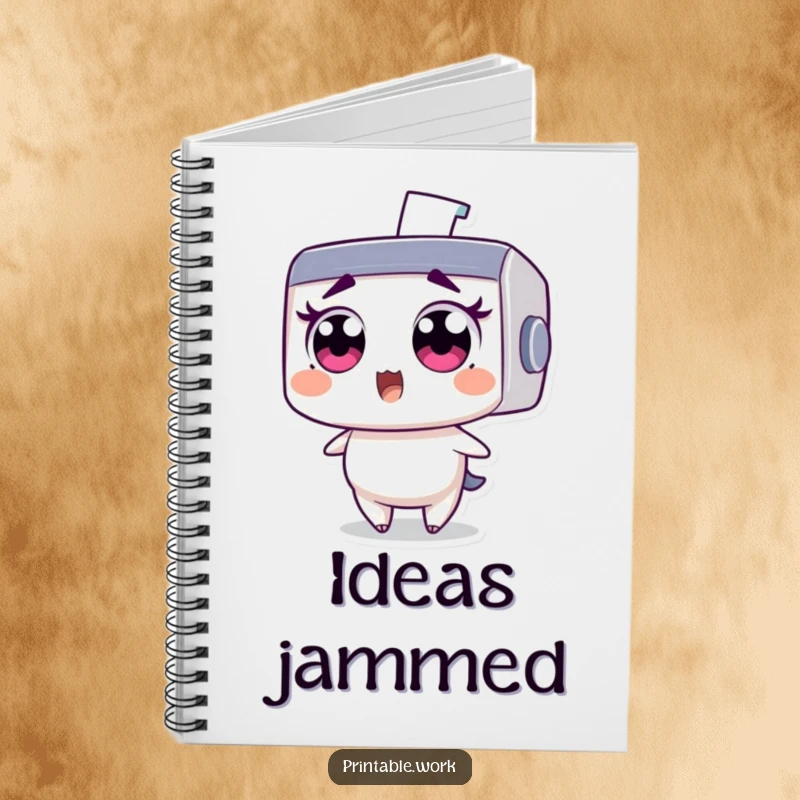 Funny notebook: Wide-eyed printer character comically surprised by a flying staple, ideal for journaling and notes.