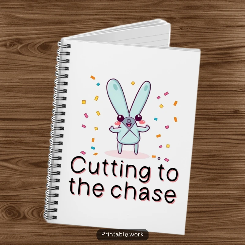 Funny playful scissors character notebook, joyfully snipping confetti, perfect for noting down party ideas and craft plans.