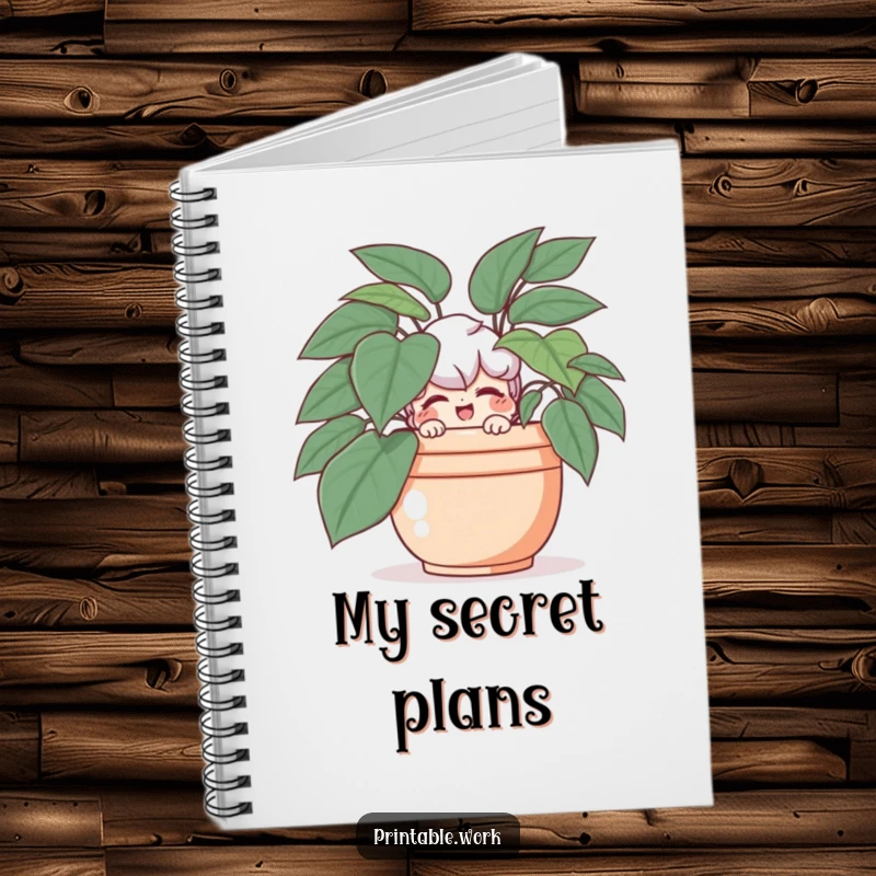 Funny notebook cover with a playful character hiding behind a plant, offering a wink.