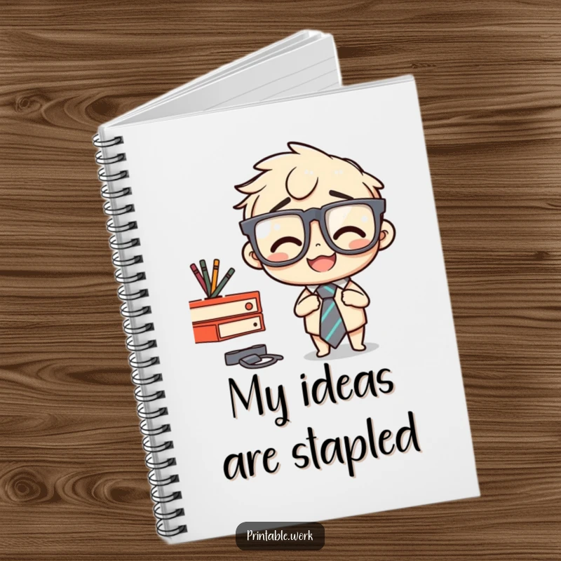 Funny notebook cover with a character accidentally stapling their tie to a desk, a humorous office blunder illustration.