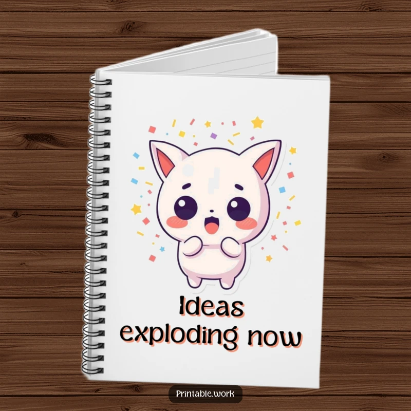 Funny notebook with a surprised Kawaii character amidst exploding confetti, designed for creative and humorous note-taking.