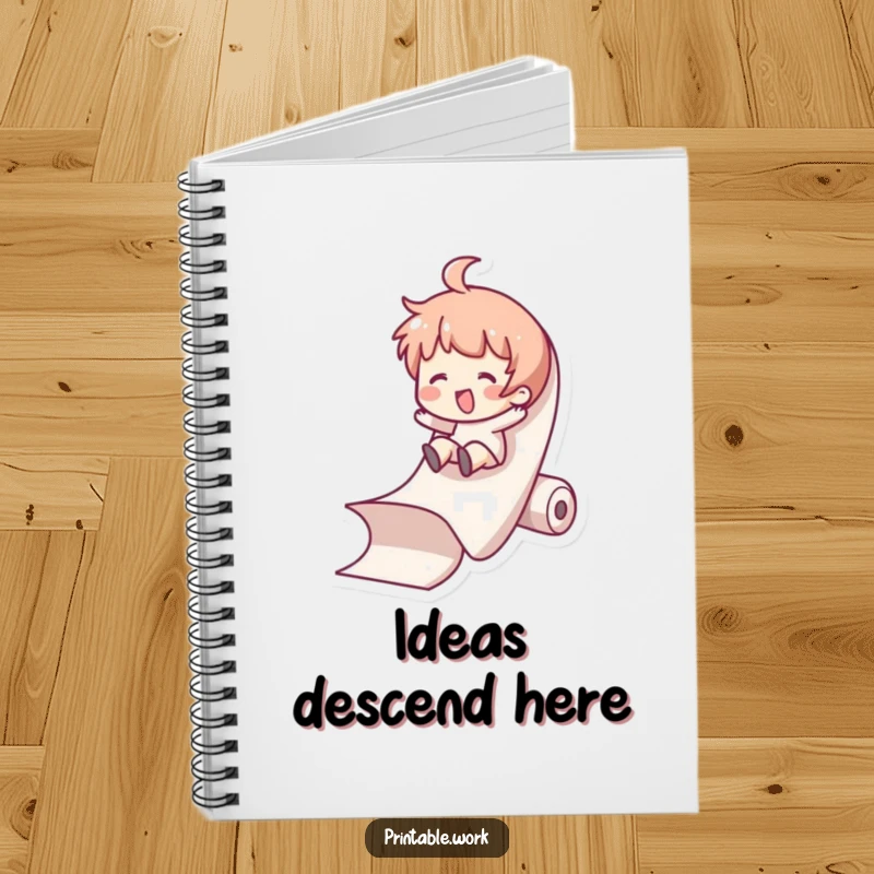 Funny Notebook: Character slides down a paper roll, inspiring creative thoughts and playful ideas.