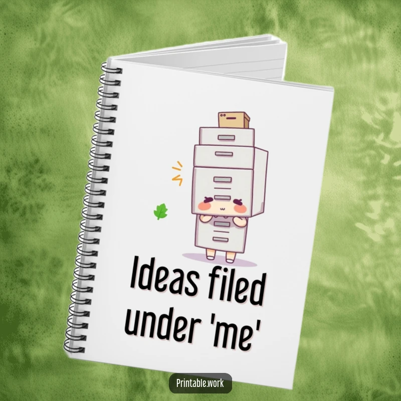 Funny filing cabinet hat notebook, character wearing a filing cabinet as a hat, quirky journal cover.