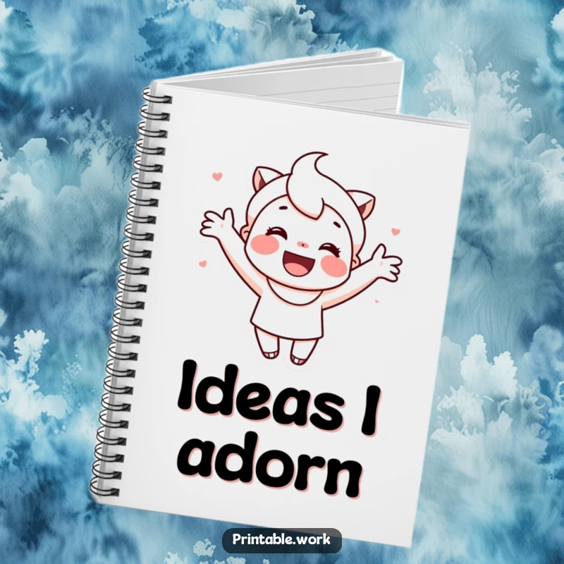 Funny notebook with a cute, smiling character decorating a page with colorful pens and stickers.