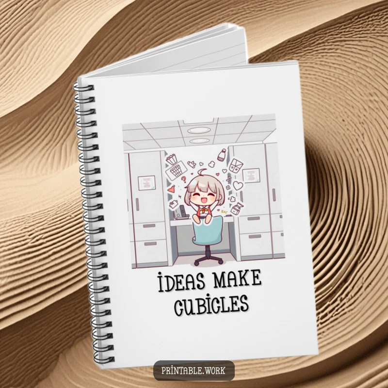 Funny notebook featuring a character decorating a cubicle with fun drawings, perfect for notes, sketches, and creative brainstorming.