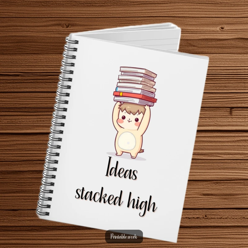 Funny notebook with a character balancing a large stack of documents on its head on the cover, journaling humor.
