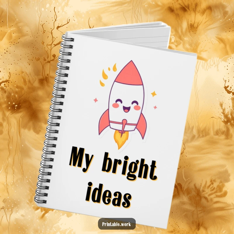 Funny notebook cover with a giggling paper rocket character blasting off with flames, perfect for jotting down notes with a humorous space theme.