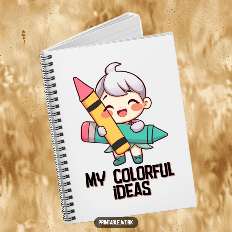 Funny notebook with a happy character holding a large, vibrant crayon, ideal for capturing creative thoughts and artistic inspirations.