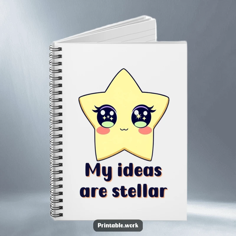 Funny Notebook cover showing a paper star character with wide, sparkling eyes, looking excited. Ideal for jotting down humorous and bright ideas.