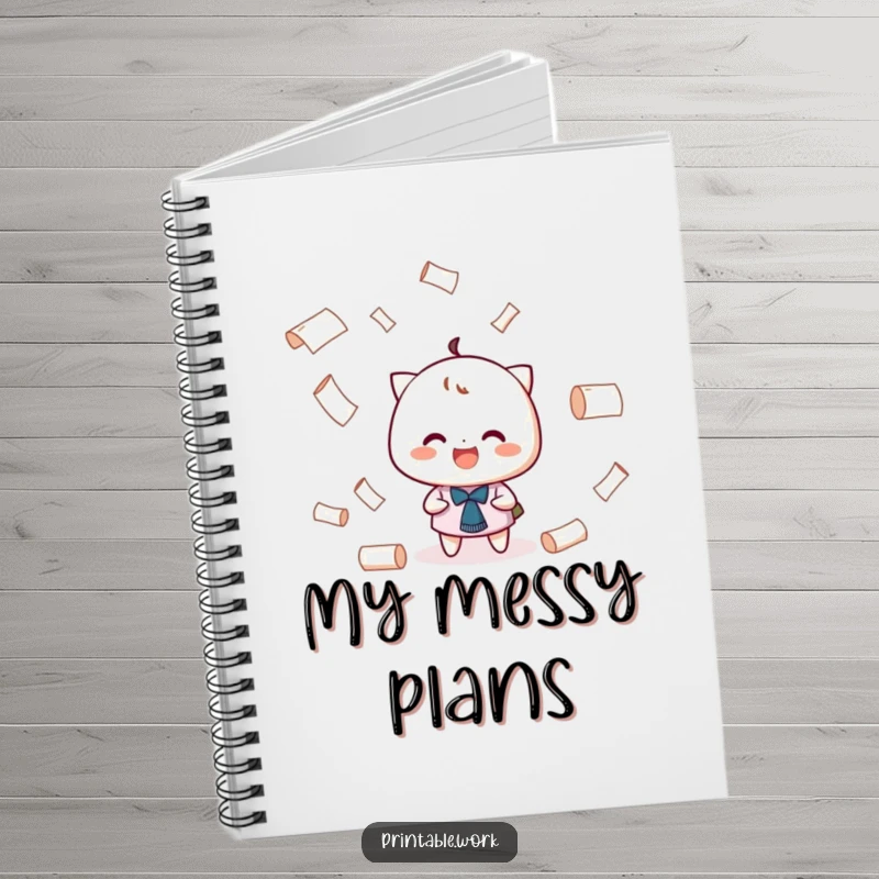 Funny Juggling Notebook: A character grinning while playfully juggling tiny rolls of paper, inspiring creativity.