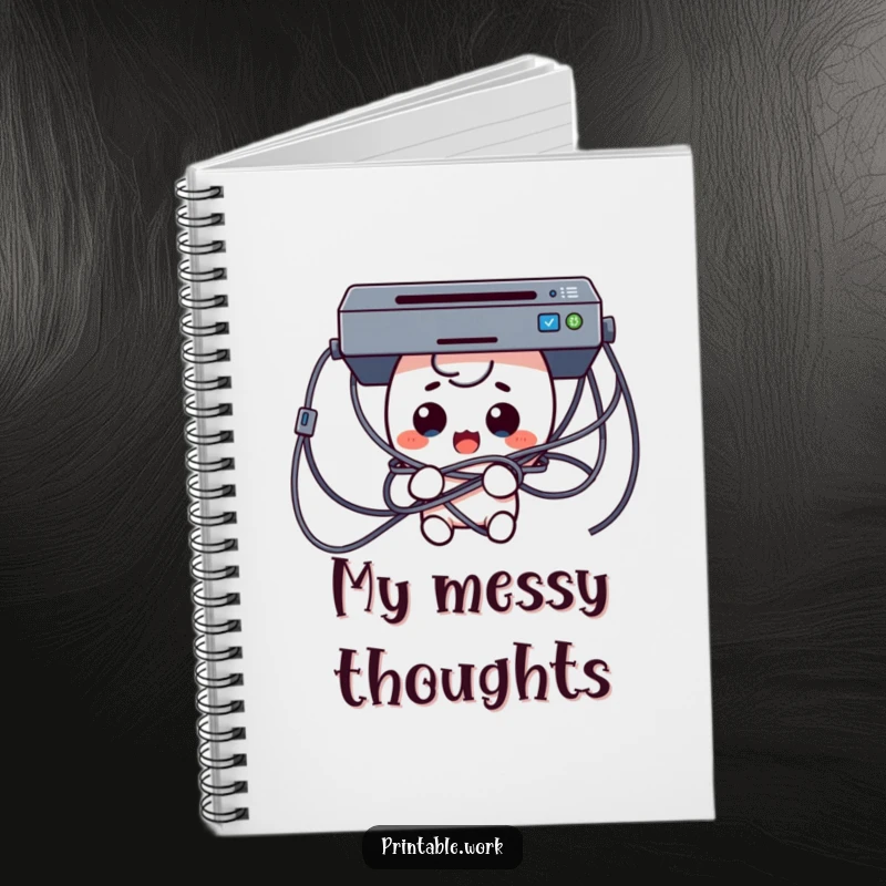 Funny Tech Trouble Notebook with a surprised Kawaii character comically tangled in printer cables on its cover, perfect for tech notes.