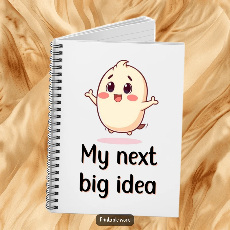 Funny notebook depicting a stamp character bouncing with a joyful 'thud', perfect for note-taking with happy inspiration.