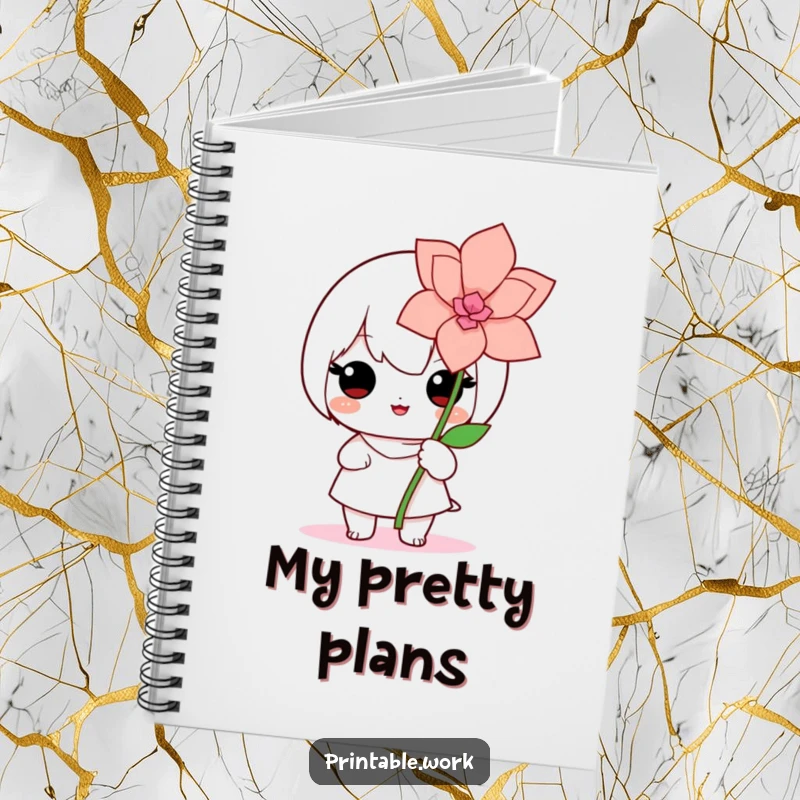 Cute Kawaii notebook cover with a proud character displaying a handcrafted paper flower, inspiring entries about creativity, art, and gentle beauty.