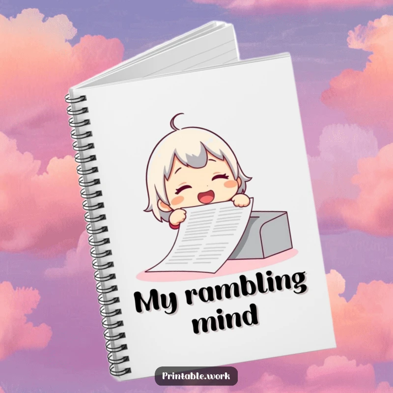 Funny notebook with a giggling character printing an absurdly long document, perfect for note-taking and office humor.