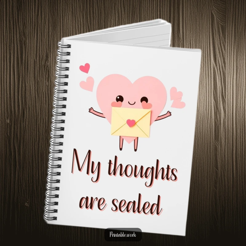 Funny Notebook cover showing a paper heart character with arms wide open, hugging a small envelope. Perfect for jotting down heartfelt messages.