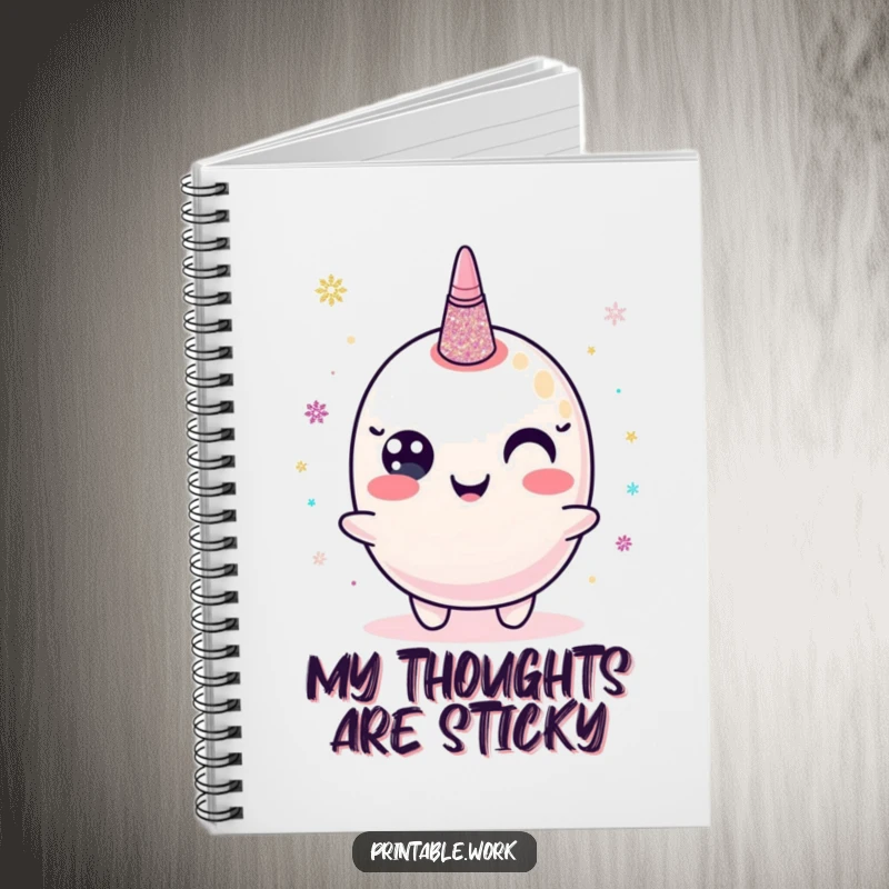 Funny notebook with a happy glitter glue character dispensing shimmering dots, inspiring creative writing and drawing.