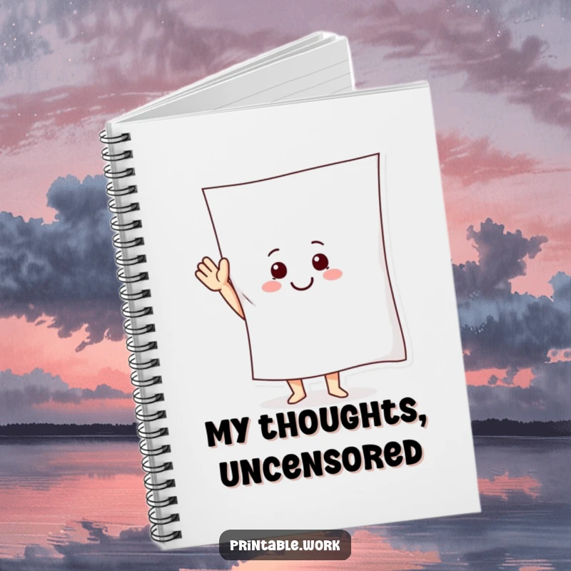 Funny Notebook with a smiling paper character waving a giant sheet, perfect for writing, drawing, and journaling.
