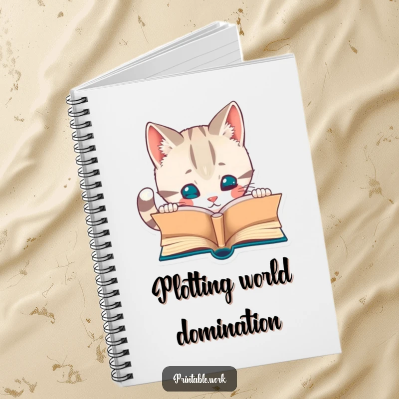 Funny notebook with a curious cat character captivated by a miniature open book. Great for notes, journaling, and creative writing.