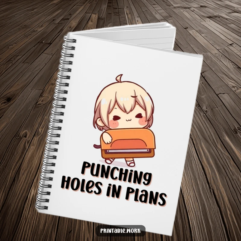 Funny notebook with a character comically attempting to use a ridiculously large hole punch, for note-taking.
