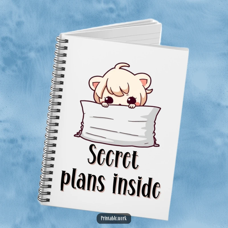 Funny Kawaii character hiding behind a pile of paper on a notebook cover, ideal for jotting down secret plans and notes.