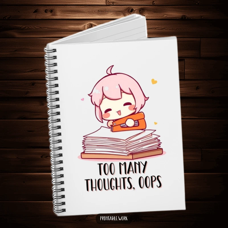 Funny notebook cover featuring a character comically trying to staple an entire ream of paper, ideal for note-taking.