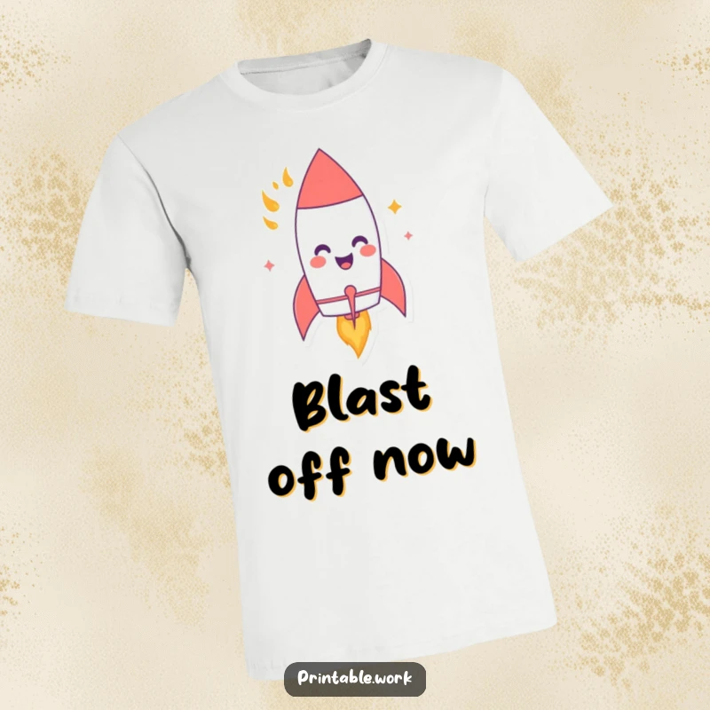 Funny T-shirt with a giggling paper rocket character in mid-flight, trailing fiery flames, symbolizing energetic fun.