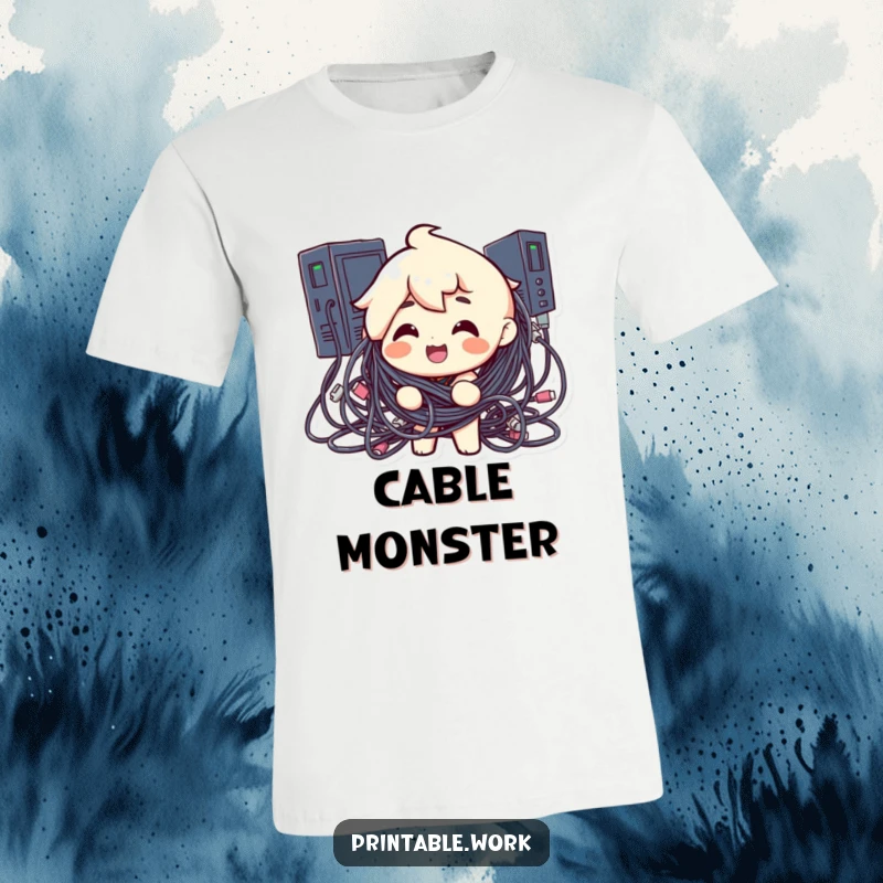 Funny t-shirt design of a cheerful character completely tangled in a mess of computer cables, a humorous representation of tech frustration.