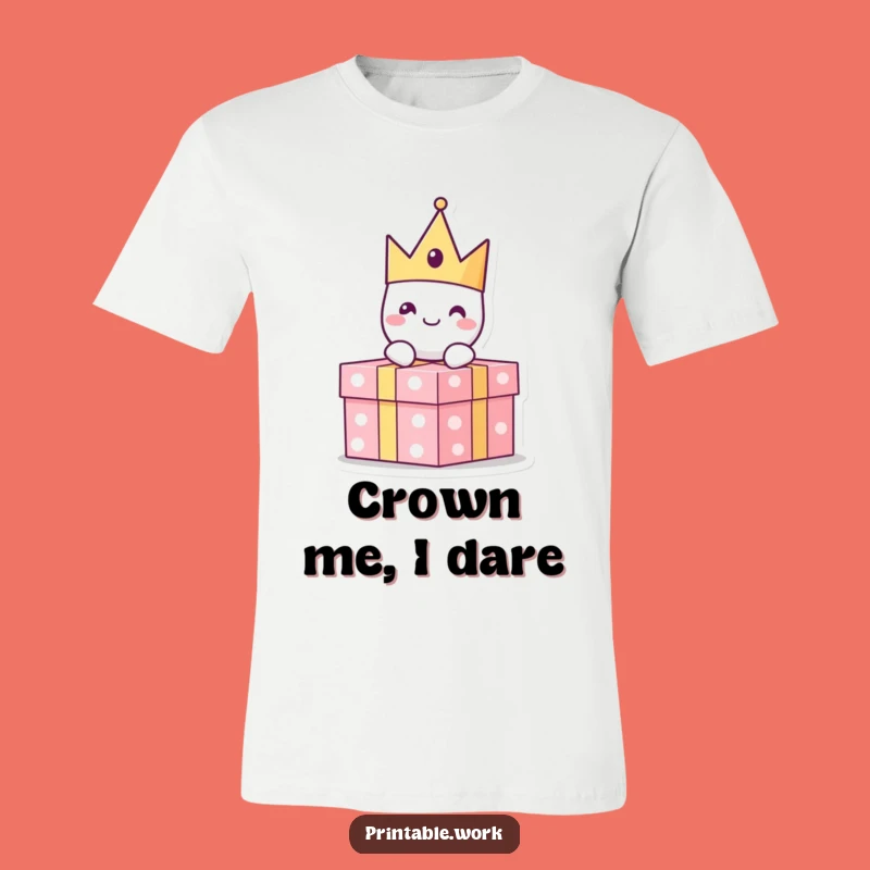 Funny Paper Crown T-Shirt: Cheerful Character Celebrating on a Present Gift