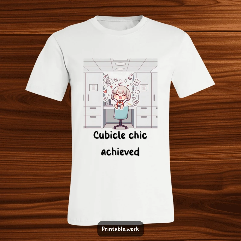 Funny t-shirt featuring a character gleefully decorating a cubicle with funny drawings, embodying office creativity and joy.