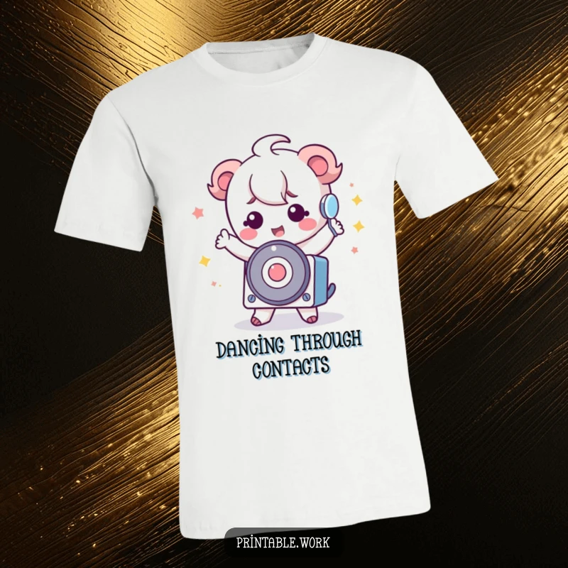 Funny Kawaii Rolodex T-Shirt with a cute Kawaii character doing a silly dance beside a rolodex, perfect for office party vibes.