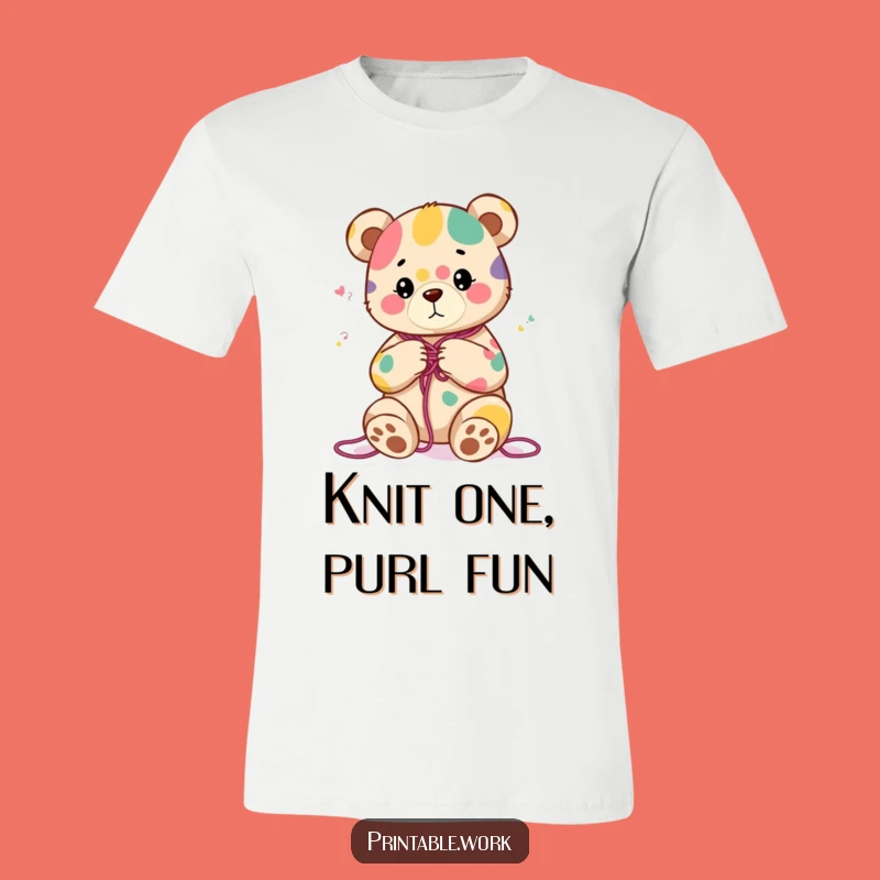 Funny Bear Knitting T-Shirt - Content Character's Colorful Yarn Art