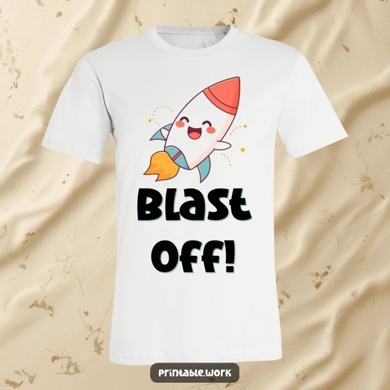 Funny t-shirt depicting a giggling paper rocket character with flames spewing as it blasts off, a humorous space gift.