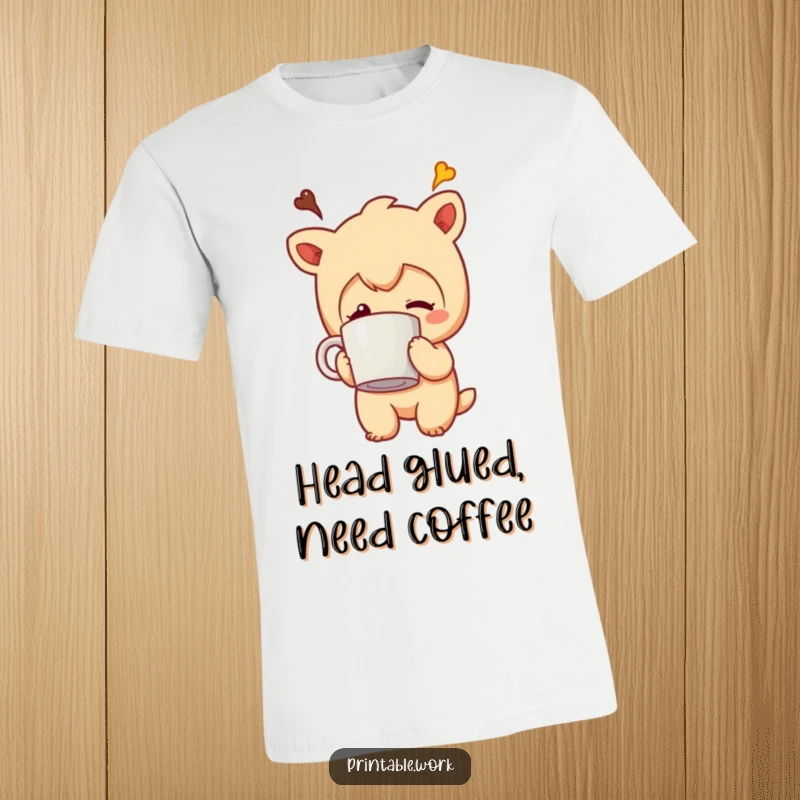 Funny t-shirt design featuring a character with its coffee mug comically stuck to its head, perfect for coffee lovers.