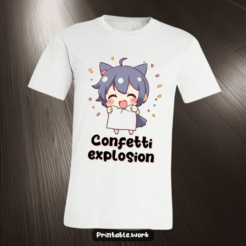 Funny T-Shirt: Character tears paper with great excitement, showering surroundings with colorful confetti.