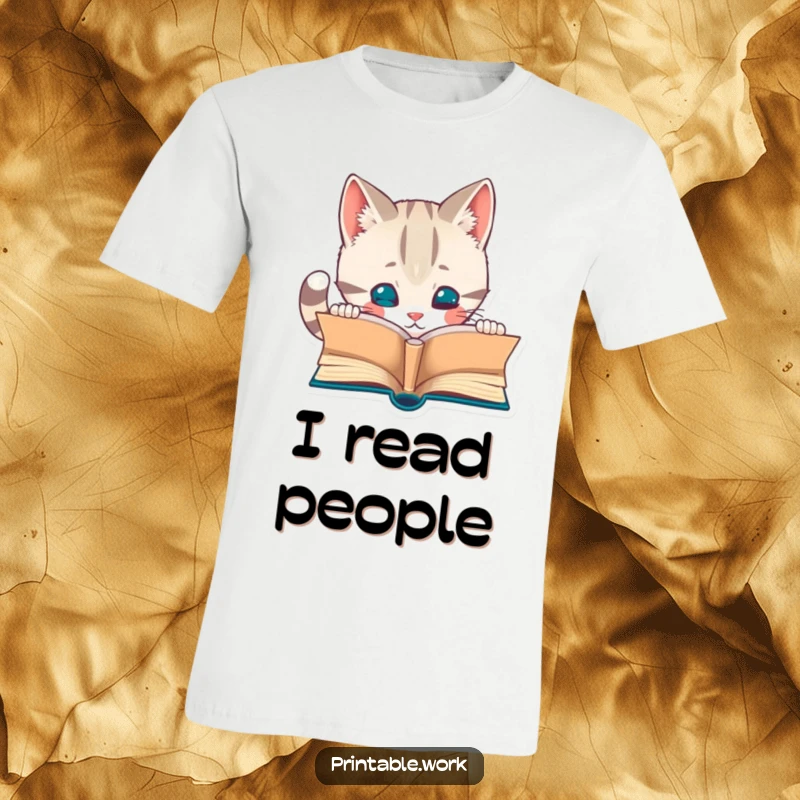 Funny t-shirt with a curious cat character intently reading a small, open book. A must-have for bookish cat lovers.
