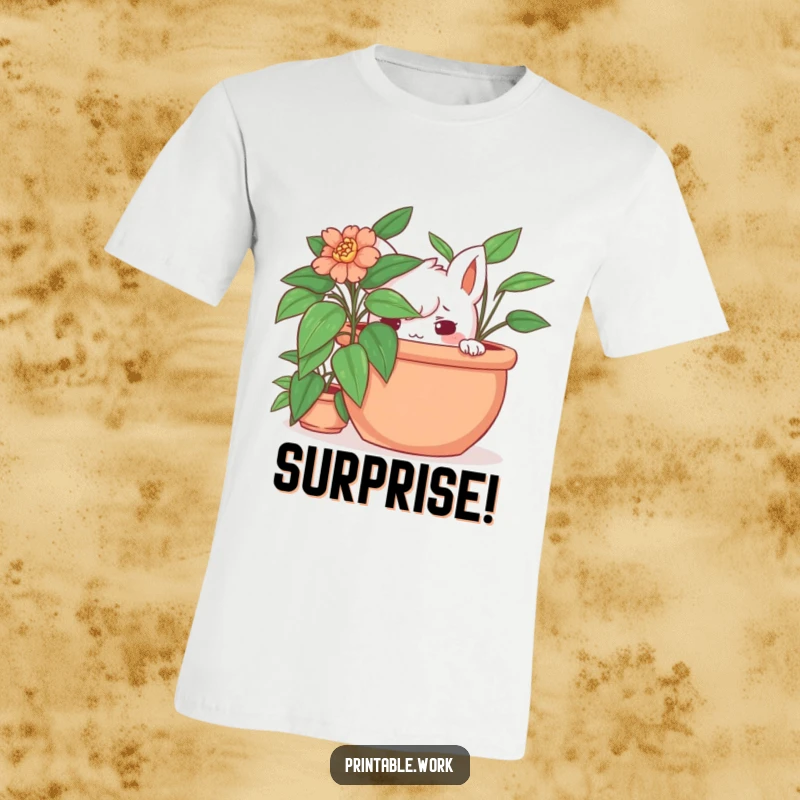 Funny hidden plant t-shirt showing a charming character with a mischievous glint, peeking out from behind a lush potted plant, ready to surprise.