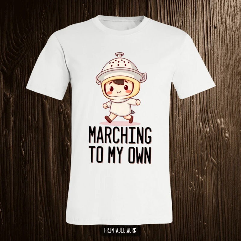 Funny T-Shirt: Adorable kawaii character marches proudly with a colander as a helmet, symbolizing brave and humorous self-expression.