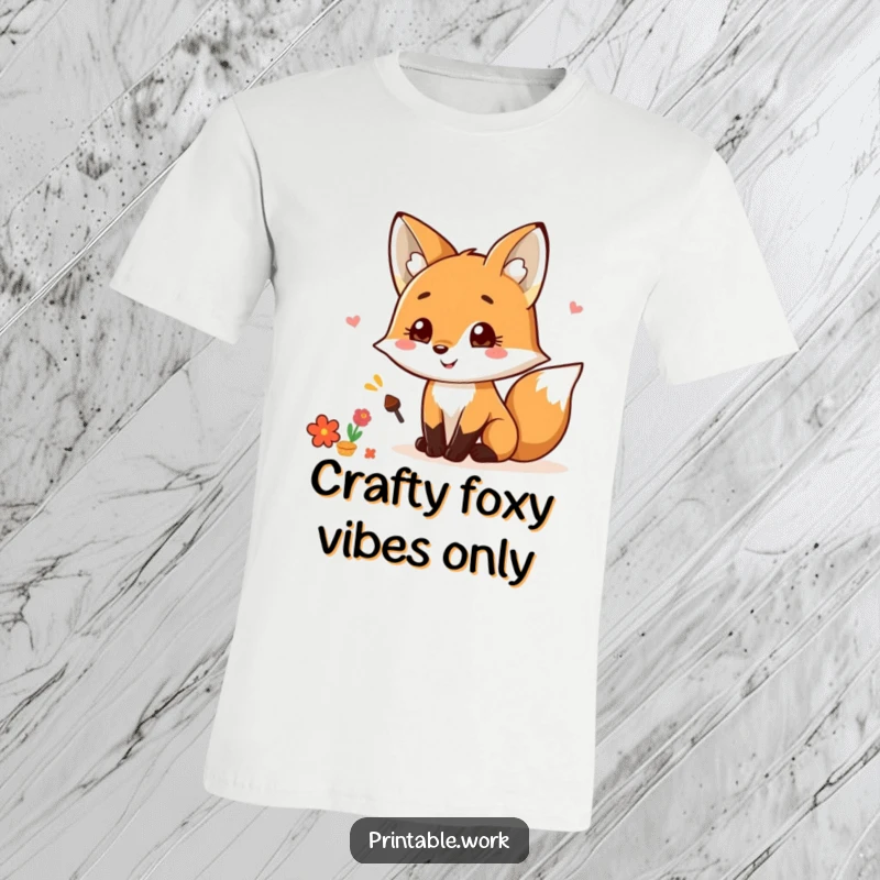 Funny Kawaii Fox Scrapbooking T-Shirt showing a cheerful fox with glue, happily decorating a scrapbook, ideal for anyone who loves crafting and humor.