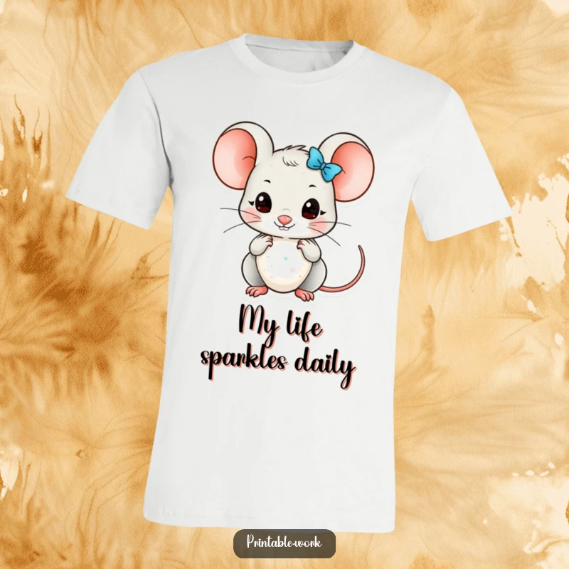 Funny Kawaii mouse character meticulously adding glittery embellishments, wearing a t-shirt that shines with humor and detail.