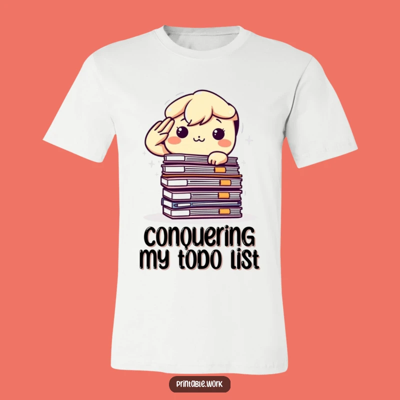 Funny Kawaii Office Salute T-Shirt: Determined Desk Warrior Tackles Files, Hilarious Gift Idea