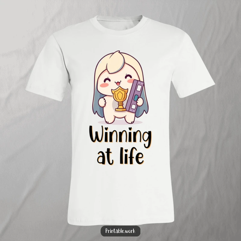 Funny Kawaii T-Shirt: Character poses triumphantly holding a perfectly organized binder like a winning trophy.