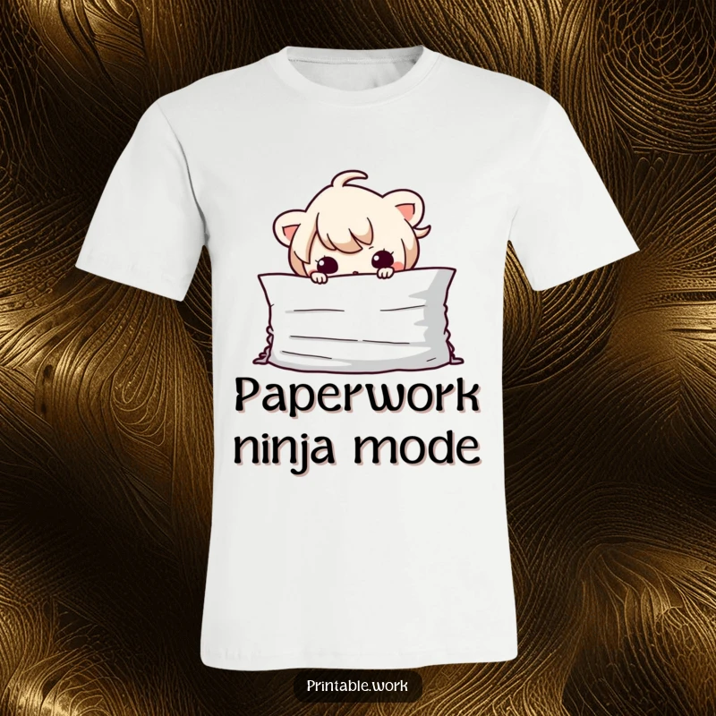 Funny Kawaii character peeking playfully from behind a mountain of paper on a comfortable and humorous t-shirt.