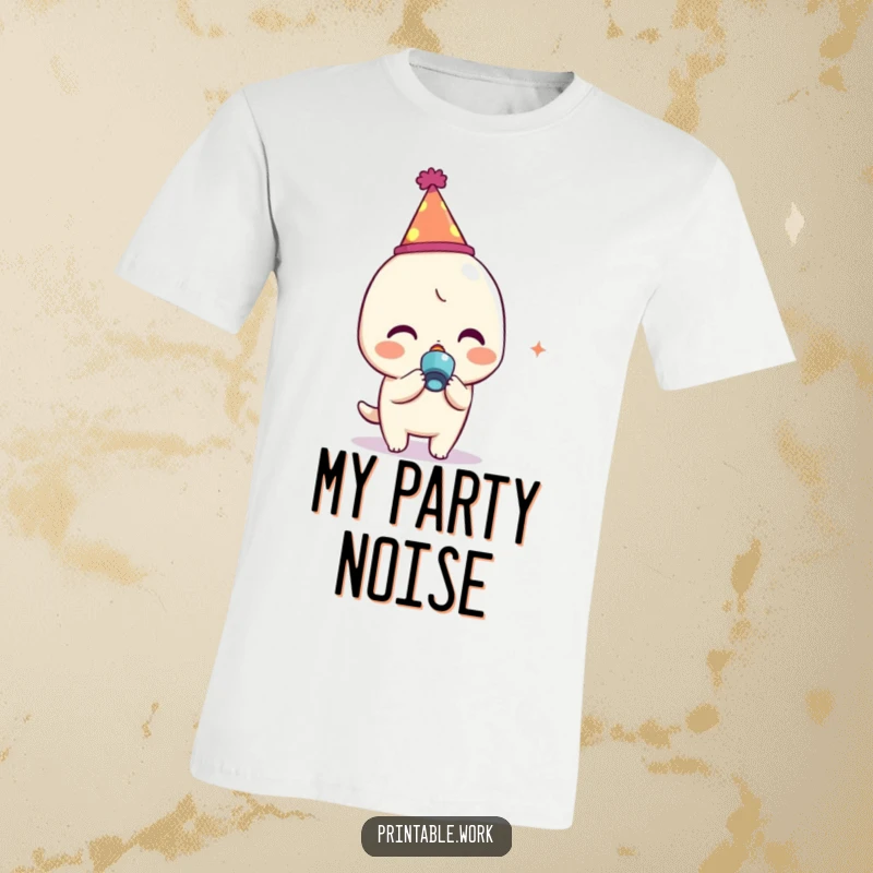 Funny Kawaii character wearing a party hat and blowing a noisemaker, depicted in a festive and energetic pose for party lovers.